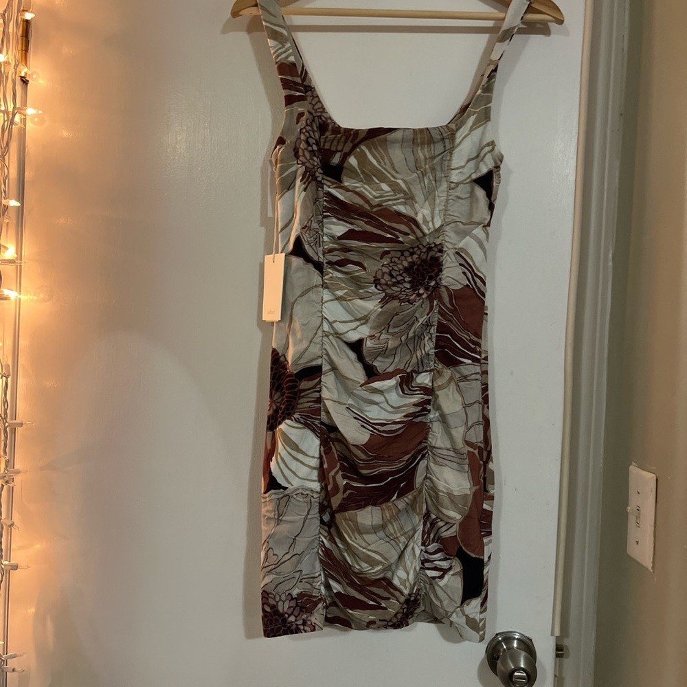 Aritzia Floral Ruched Lydia Mini Dress in Brown and Cream